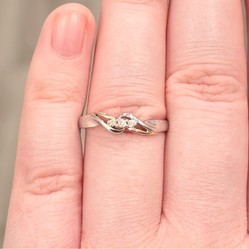 10K Diamond Ring, Three Stone, Dainty Swirl, Size 7.25, White Rose Gold - Picture 3 of 14